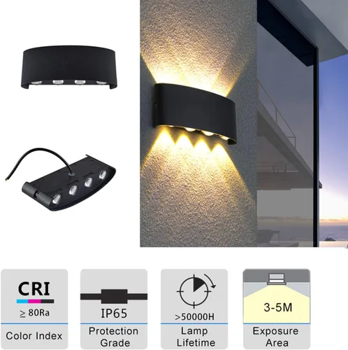 Vista 4 de Lámpara de pared LED moderna IP65, impermeable, para interiores y exteriores, apliques de pared de aluminio negro, blanco cálido para entrada