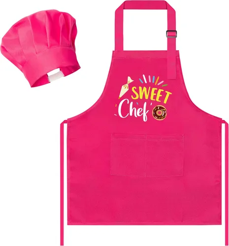 Vista 33 de R HORSE Juego de delantal y sombrero de chef para niños, 2 piezas, mini parrilla ajustable, delantal de cocina para niños, juego de rol, juguete