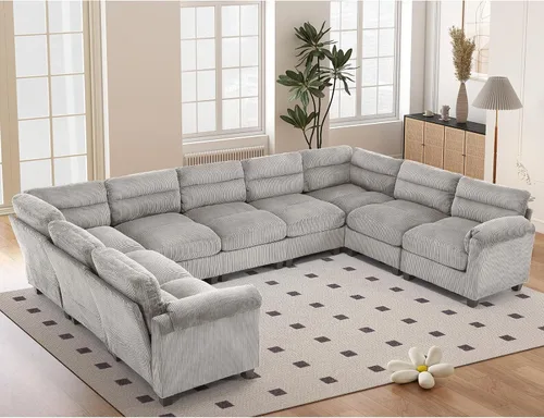Vista 56 de HAOMARKETS Sofá esquinero modular en forma de L de 115 pulgadas con 2 otomanas móviles, sofás de pana de 8 plazas con cojín grueso para sala de Beige