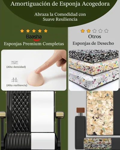 Vista 7 de Silla reclinable de barbero Baasha negra con ribete dorado en los reposabrazos, cómodo cojín de espuma viscoelástica, reposacabezas ajustable, base