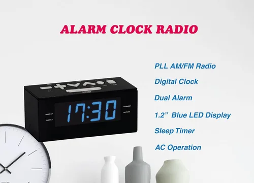 Vista 2 de HANNLOMAX HX-144CR Radio despertador AM/FM, pantalla LED azul de 1.2" Radio AM/FM, reloj digital, alarma dual, entrada auxiliar, adaptador AC/DC