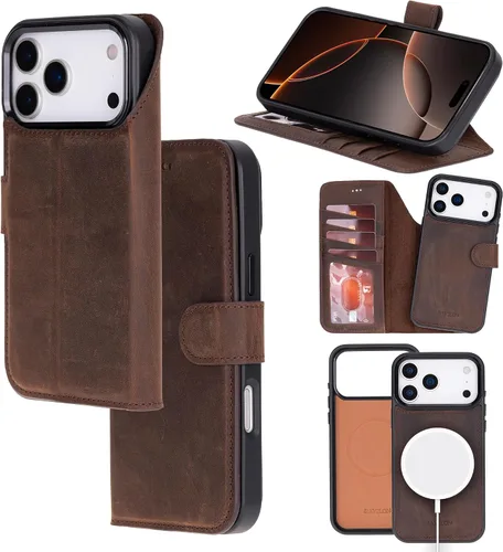 Vista 27 de Bayelon Funda tipo cartera para iPhone 15 Pro, cartera de cuero de grano completo, funda magnética desmontable, tarjetero, funda tipo cartera
