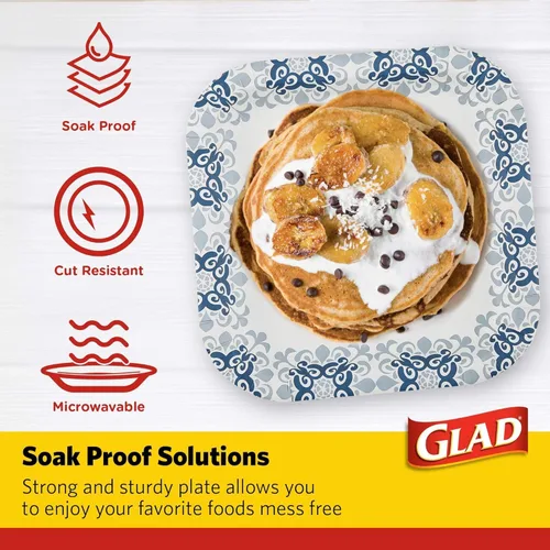 Vista 3 de Glad Platos cuadrados de papel resistentes, a prueba de remojo y resistentes a los cortes, patrón victoriano azul, vajilla desechable