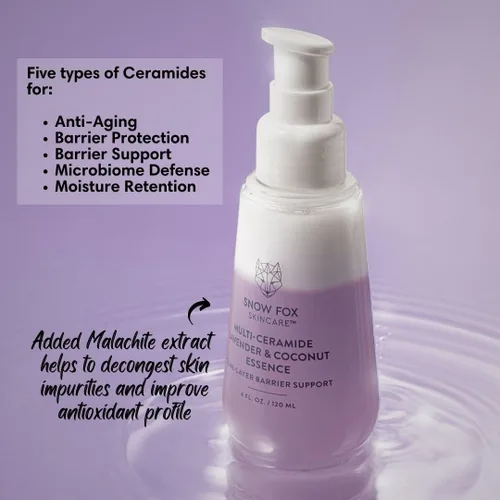 Vista 4 de Snow Fox Skincare - Suero de lavanda francesa y esencia de coco multi-ceramida Suero facial hidratante y revitalizante para piel seca, madura