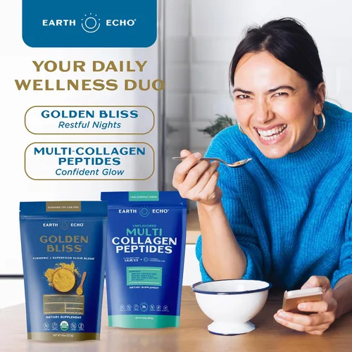 Vista 3 de Earth Echo Paquete revitalizante y Nightcap – Colágeno hidrolizado con vitamina C y ácido hialurónico para piel radiante – Leche dorada orgánica