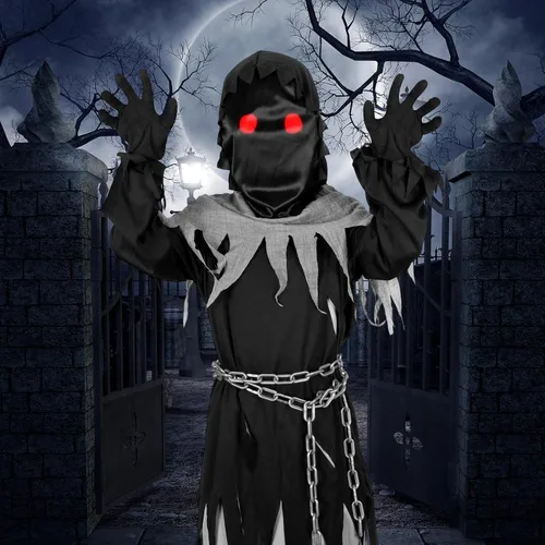 Vista 6 de Disfraces de Halloween para niños, conjunto de parca, juguetes de regalo para niños de 5 a 14 años, disfraz de fantasma aterrador para cosplay