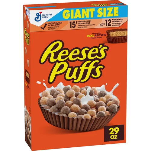 Vista 15 de REESE'S PUFFS Cereal para el desayuno, cereal de mantequilla de maní con chocolate, 11.5 onzas Made with Real Reese's Peanut Butter, 15g Whole