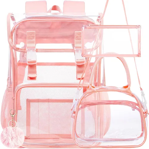 Vista 15 de Mochila transparente con tapa abatible de 17 pulgadas, juego de 3 piezas aprobado para estadios, bolsa transparente resistente para gimnasio o Negro