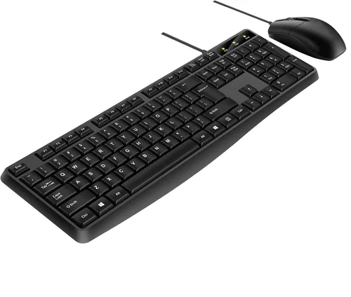 Vista 2 de Teclado y mouse con cable, teclado con cable de 104 teclas con teclado numérico, indicadores LED, ergonómico, cómodo juego y enchufe