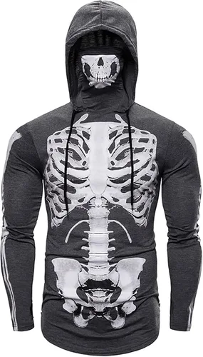 Vista 4 de Mens ChristmasHalloween Shirt - Skeleton Sweatshirt Graphic Design, Long Sleeve Hoodies Drawstring Pullover Tops
