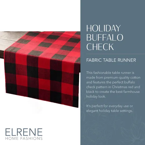 Vista 2 de Elrene Home Fashions Camino de mesa Farmhouse Living Holiday Buffalo-Check, 13 pulgadas de ancho x 70 pulgadas de largo, rojo/negro