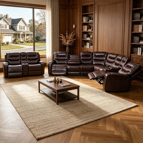Vista 32 de Juego de sofá seccional reclinable de cuero, sofá seccional con 4 sillones reclinables Juegos de muebles de sala con 3 reclinables, luz LED
