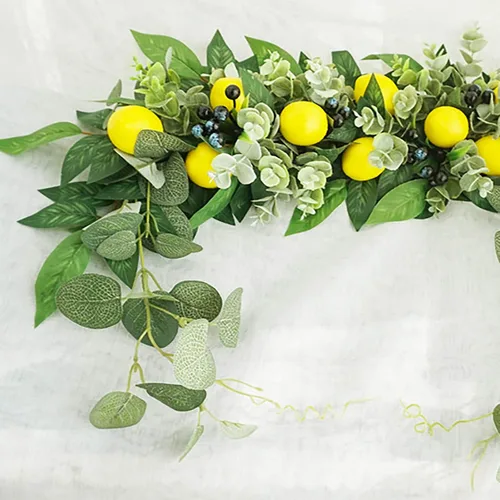 Vista 9 de Firlar Guirnalda de flores artificiales, 18 pulgadas con bayas de limón, hojas verdes, adorno colgante floral para puerta, para boda, hogar, fiesta