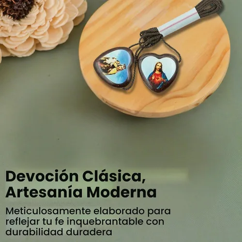 Vista 9 de Catholica Shop Escapularios de madera con cordón marrón con medallas Sagrado Corazón de Jesús y Nuestra Señora del Monte Carmelo. Escapularios