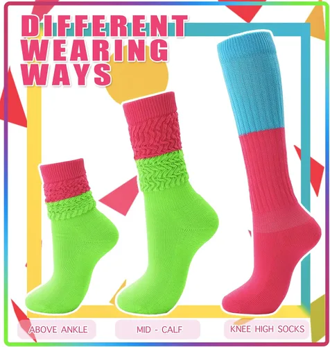 Vista 5 de Calcetines holgados de neón para mujer de los años 80 y 90, calcetines altos hasta la rodilla, suaves y extra largos, calentadores de piernas