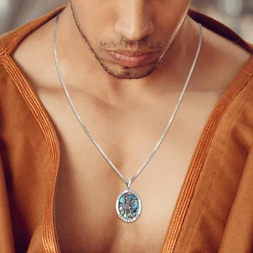 Vista 6 de Collar de plata de ley S925 con amuleto de San Patrón, Medalla de protección para hombres y mujeres