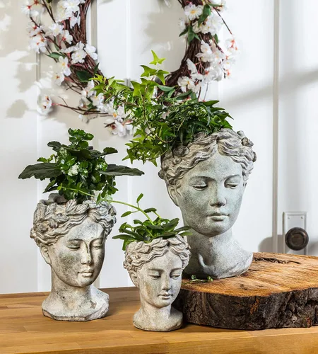 Vista 5 de Colección Abbott - Maceta de cabeza de diosa - Maceta de cemento extra pequeña para interior y exterior - Estatua de cabeza de mujer griega para Gris