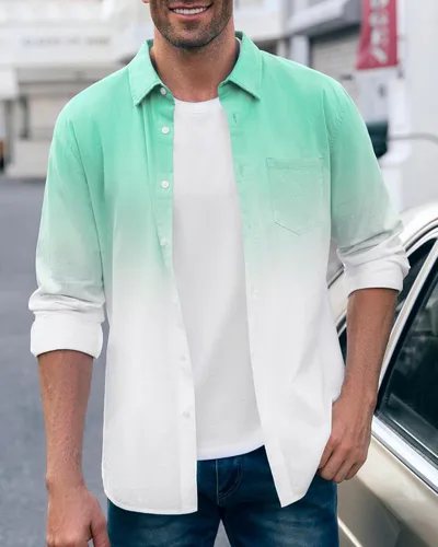 Vista 3 de Camisas de lino degradado para hombre, camisas hippie de manga larga con botones casuales, Verde (Mint Green)