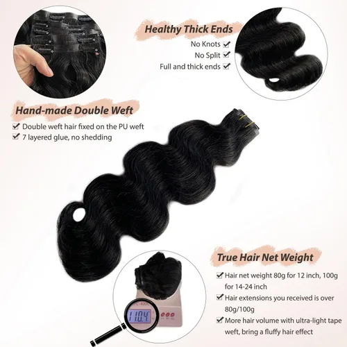 Vista 4 de Extensiones de cabello humano ondulado sin costuras, cabello humano real 10A, 12 pies 2.82 oz, negro, ondulado