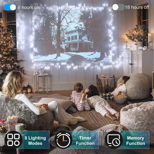 Vista 3 de Paquete de 2 Total 200 Pies 600 Luces LED de Navidad en Cadena, Luces de Árbol de Hadas Blanco Frío Conectables, 8 Modos y Temporizador Luces