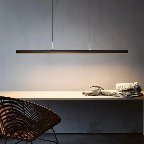 Vista 2 de Isla de cocina negra larga barra colgante Candelabros modernos 4000K luces colgantes creativas lineales lámparas de suspensión para sala de estar