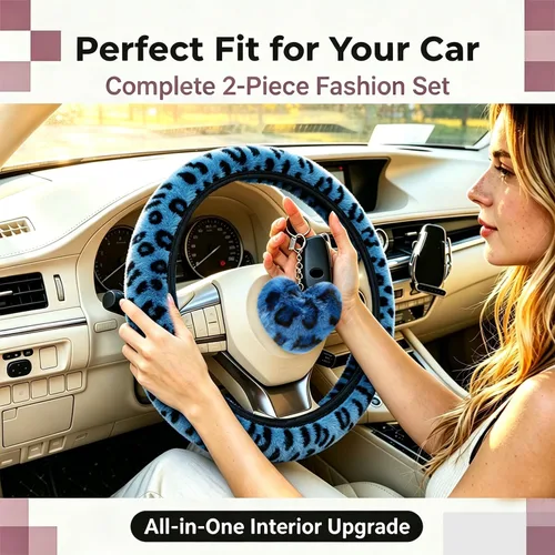 Vista 2 de Funda de volante de leopardo con llavero, protector de volante de piel elástica y mullida, guepardo, accesorios de automóvil para mujeres y niñas
