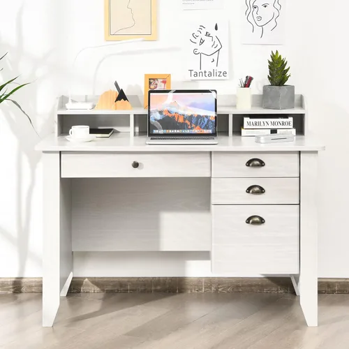 Vista 4 de Escritorio Tangkula en Blanco con 4 Cajones de Almacenamiento y Aparador, Escritorio Vintage para Computadora de Oficina en Casa, Mesa de Estudio