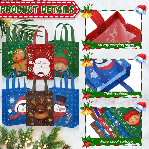 Vista 3 de Clysee 6 bolsas de regalo de Navidad con asas, tela no tejida, bolsas reutilizables para fiestas de Navidad, 6 estilos de 10.2 x 8.3 pulgadas