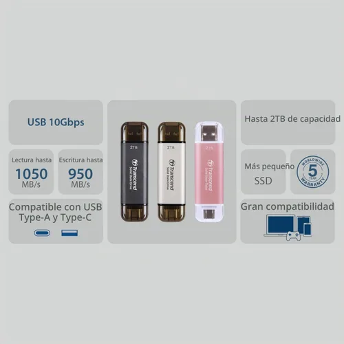 Vista 5 de Transcend ESD310 SSD portátil dual 1050MB/s USB-A+C, unidad de pulgar Gris (Space Grey)