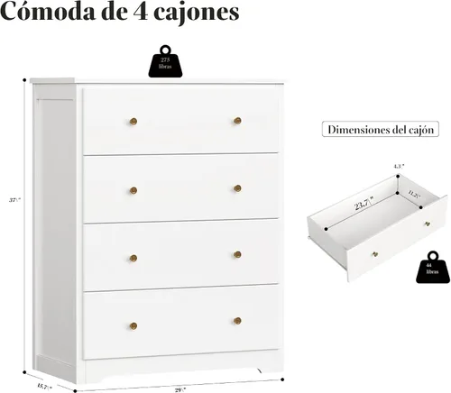 Vista 3 de HOUSUIT Cómoda blanca, cómoda de 4 cajones, cómoda alta moderna, armario de almacenamiento de madera para sala de estar, pasillo, entrada, oficina