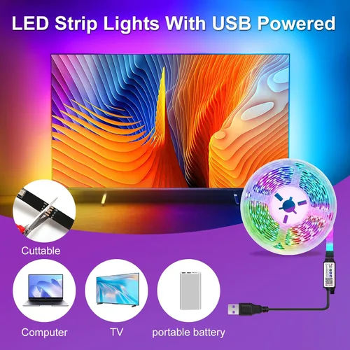 Vista 7 de Tiras de Luces LED, 50 pies RGB Inteligente con Sincronización Musical Bluetooth App y Control Remoto, Luces LED Alimentadas por USB para TV