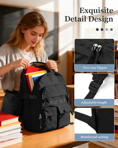 Vista 4 de weradar Mochila Escolar Para Mujeres y Hombres, Mochila Universitaria Estética, Bolsa Ligera de Escuela Secundaria Mochila, a1-Negro, Grande