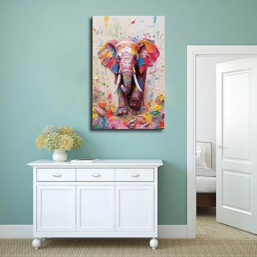 Vista 4 de Fyzuf Arte de pared de elefante - Pintura al óleo sobre lienzo, estilo cubismo, elefante colorido, estético, 12 x 18 pulgadas (11.8 x 17.7 in), sin