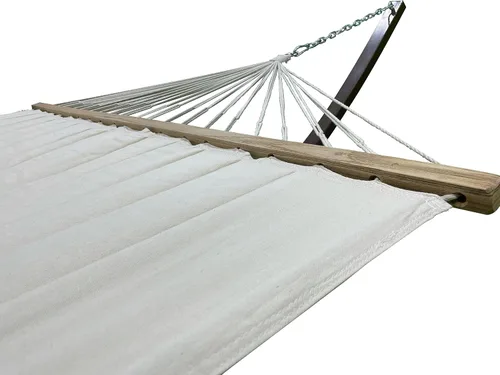 Vista 2 de Soporte de hamaca de arco de acero negro resistente para interiores y exteriores de 15 pies con hamaca acolchada de primera calidad (beige)