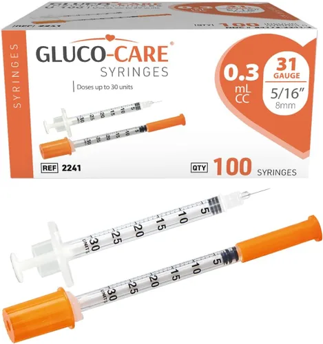 Vista 13 de GLUCO-CARE - Jeringas de 0.3 ml/cc, 30G x 5/16’’ (8mm), tapa naranja, 100/caja