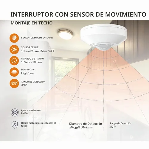 Vista 3 de RAYZEEK Sensor de movimiento de montaje en techo, sensor de movimiento 360, 110V-265V, 1100W, interruptor de sensor de ocupación para techo