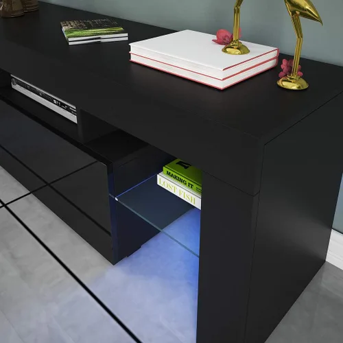 Vista 5 de Soporte de TV, gabinete multimedia de estilo minimalista moderno para sala de estar con luces LED de alto brillo (negro)