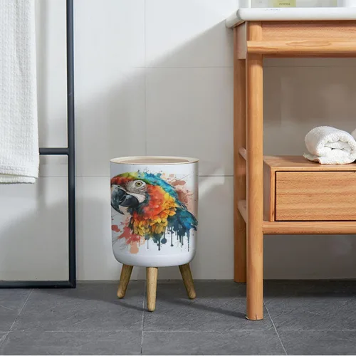 Vista 5 de Bote de basura pequeño con tapa para baño, cocina, oficina, bozal de guacamayo, acuarela, colorido, para dormitorio, basura, cesta de basura a