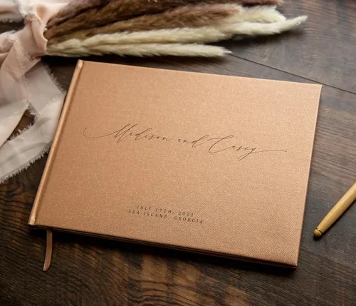 Vista 7 de MUUJEE Libro de visitas personalizado con brillo bronce - Libro de invitados moderno personalizado de alta calidad para recepción de boda, fiesta