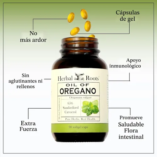 Vista 4 de Herbal Roots Aceite de orégano - Hecho de aceite de orégano mediterráneo - 90 cápsulas de cápsulas blandas fáciles de tragar - Extra Strength 150mg