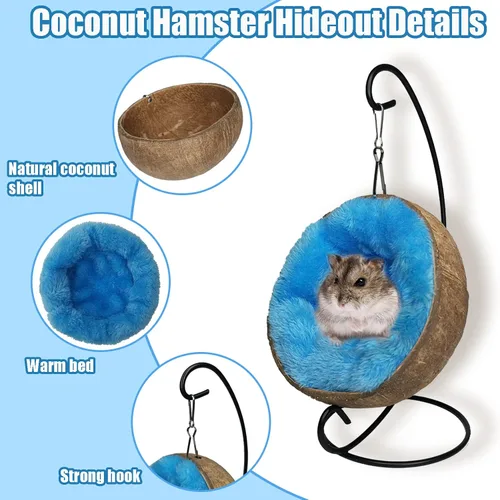 Vista 4 de Fhiny Hamaca escondida de hámster de coco, casa de cama de cáscara de coco cruda natural con almohadilla cálida, decoración de hábitat de animales
