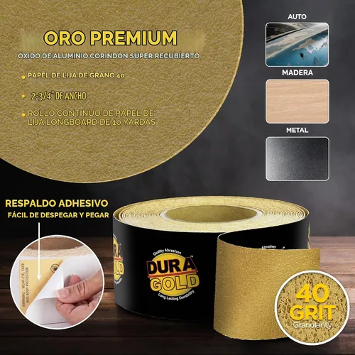 Vista 2 de Dura-Gold Papel de lija Longboard PSA 40 grano dorado premium, rollo de 10 yardas, 2-3/4" de ancho, autoadhesivo con respaldo pegajoso, rollo