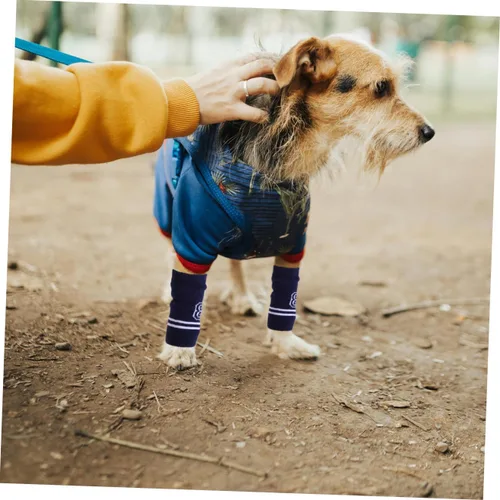 Vista 6 de HANABASS 4 piezas de protectores de codo para mascotas, mangas de punto para perros, diseño de letras y cómodos calentadores de piernas, fáciles