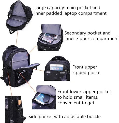 Vista 4 de Mochila escolar con ruedas con estampado de galaxia para niños primarios, negro, azul, 3Pcs Rolling Backpack Set, Portátil