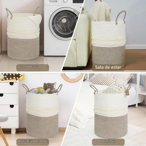 Vista 7 de danpinera - Cesta grande de 79 L para ropa sucia, cesta tejida de algodón con asas, cesta de almacenamiento para ropa sucia en el baño, cesta