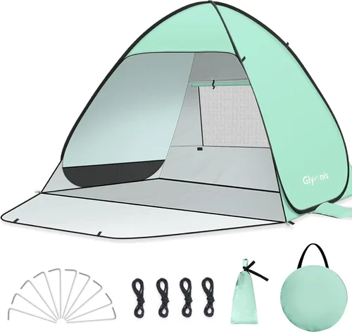 Vista 11 de Glymnis Tienda de campaña de playa desplegable para 1-4 personas, refugio solar UPF 50+ con cremallera para puerta, portátil, fácil de poner