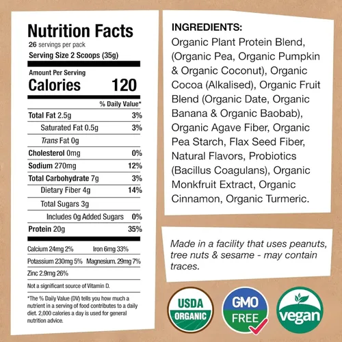 Vista 2 de EarthChimp Proteína Vegana Orgánica en Polvo - con Probióticos - Sin OMG, Sin Lácteos, Sin Suero, Proteína en Polvo a Base de Plantas para Mujeres
