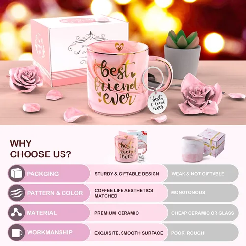 Vista 3 de Regalos para mejores amigas para mujeres, taza de café de mármol de cerámica rosa de 11.5 onzas con llavero - BFF Friend Ever - Regalos divertidos