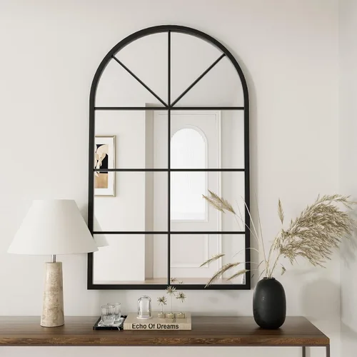 Vista 23 de Rowjut Espejo de pared en forma de arco de 30 x 20 pulgadas, espejo decorativo de pared y baño con marco de hierro, espejos de pared superior