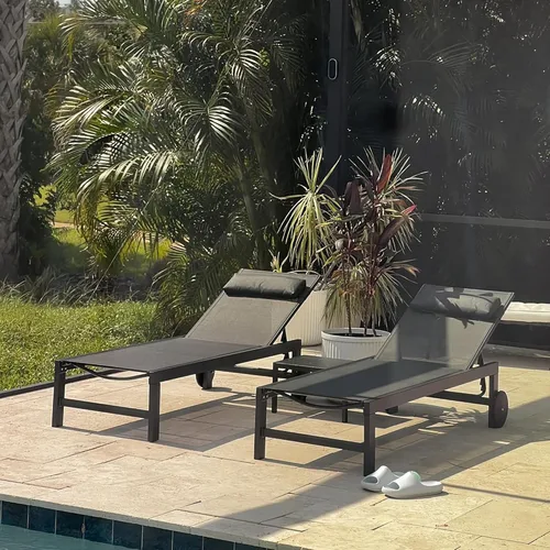 Vista 24 de PURPLE LEAF Juego de sillas de lounge al aire libre de gran tamaño de 3 piezas para patio, tumbona para piscina, estructura de aluminio con mesa